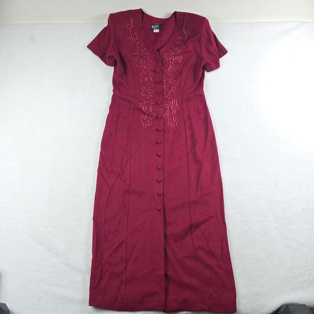 Vintage Dawn Joy Fashions Burgundy Red Braided Button Front Maxi Dress Size 10
